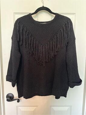 Mustard Seed Black Fringe Crewneck Sweater